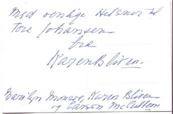 DINESEN, ISAK. Autograph Note Signed, in Danish, on a postcard:
